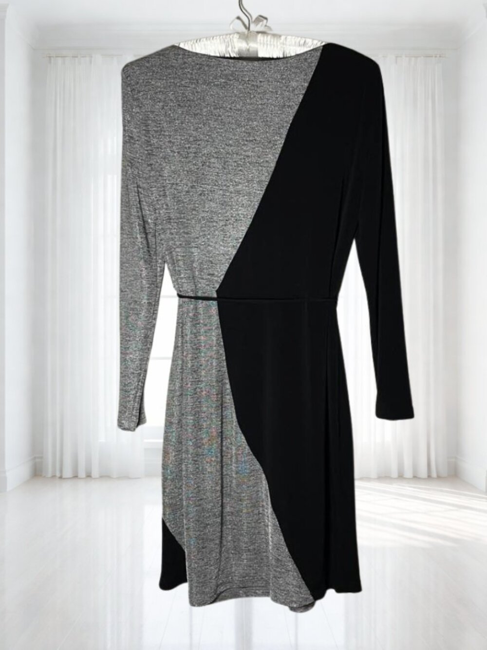 Sandra Darren Black Grey Diagonal Colorblock Long Sleeve Belted Dress Size 12 - Picture 3 of 11